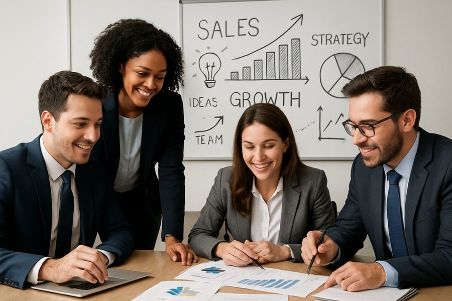 Sales team collaborating and strategizing for business growth Sales team collaborating and strategizing for business growth